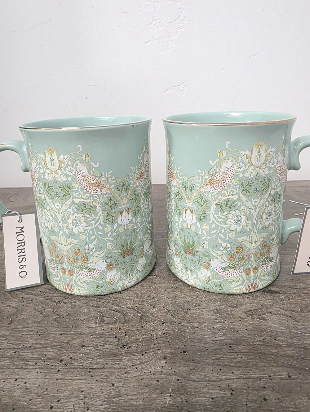 William Morris & Co Green Floral Strawberry Thief Gold Rim Porcelain Mugs x 2